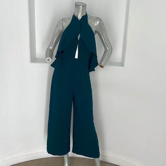 Zara Women Blogger Fave Halter Ruffle Jumpsuit Green  Cropped Legs Size XS NWT - Picture 4 of 15